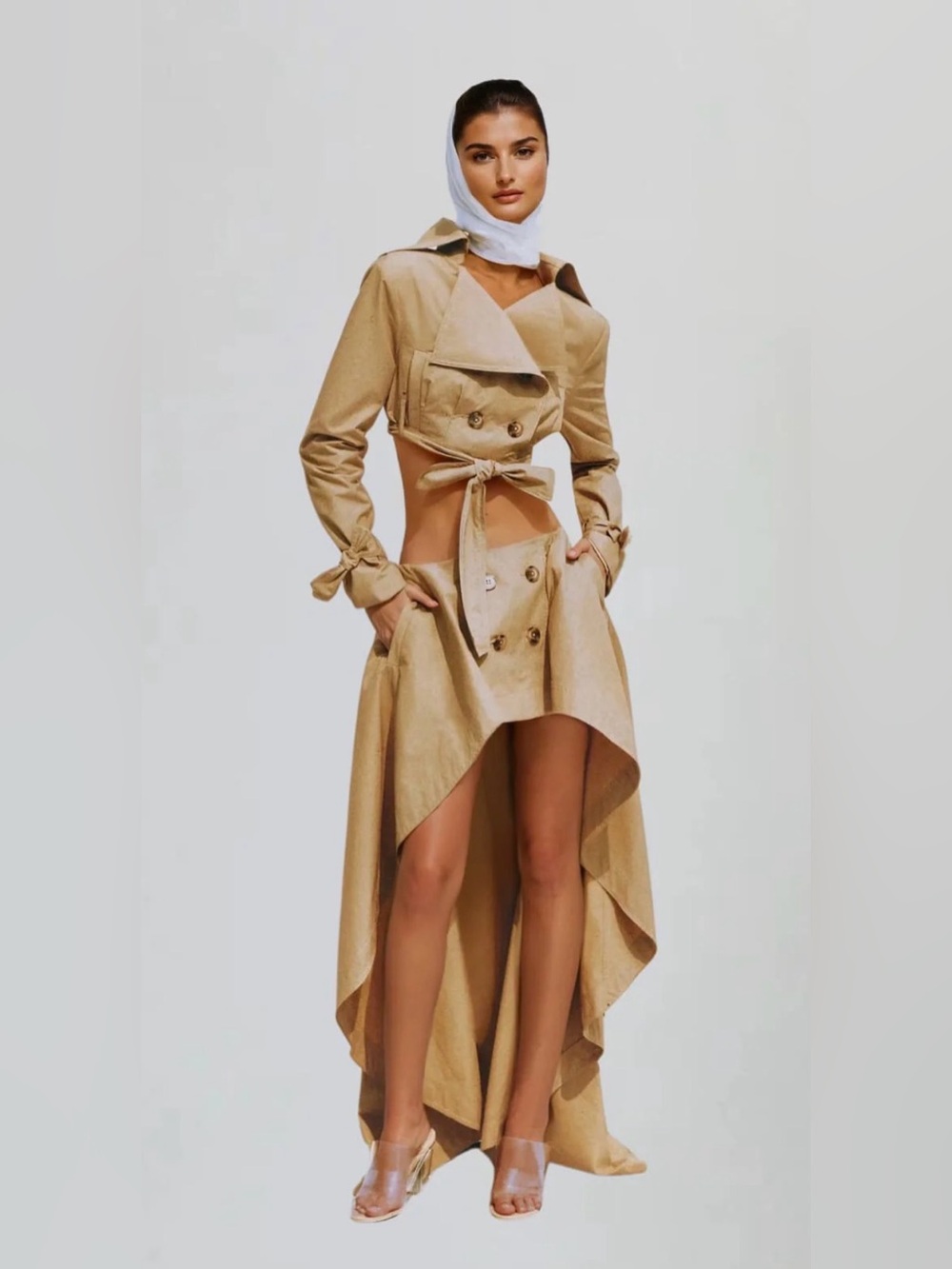 Mew Mews Eclipser Folded Collar Ruffle Skirt Set Tan Trench-Inspired